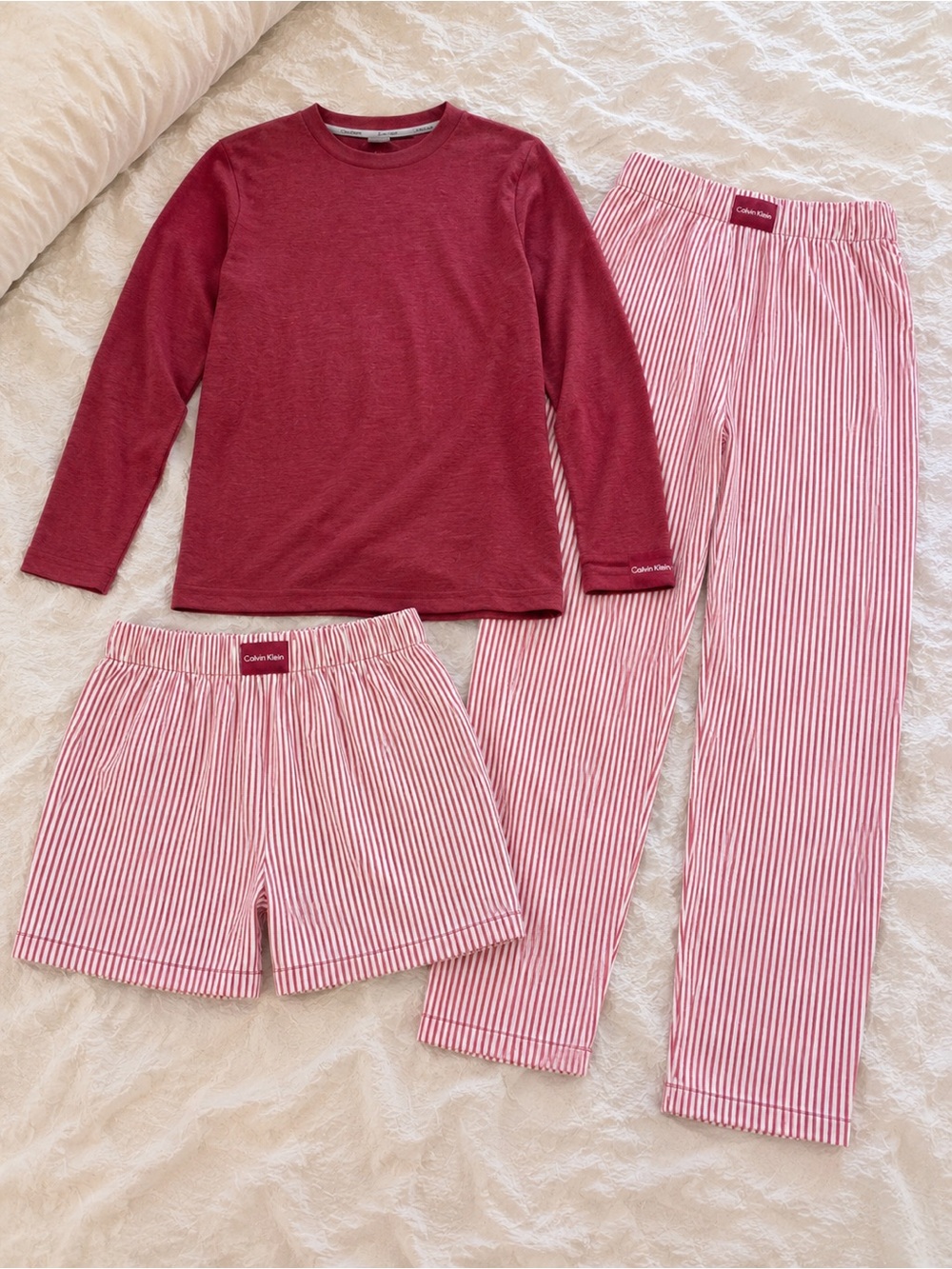 Calvin Klein Kids Red Long-Sleeve Top with Red & White Stripe Pants and Shorts
